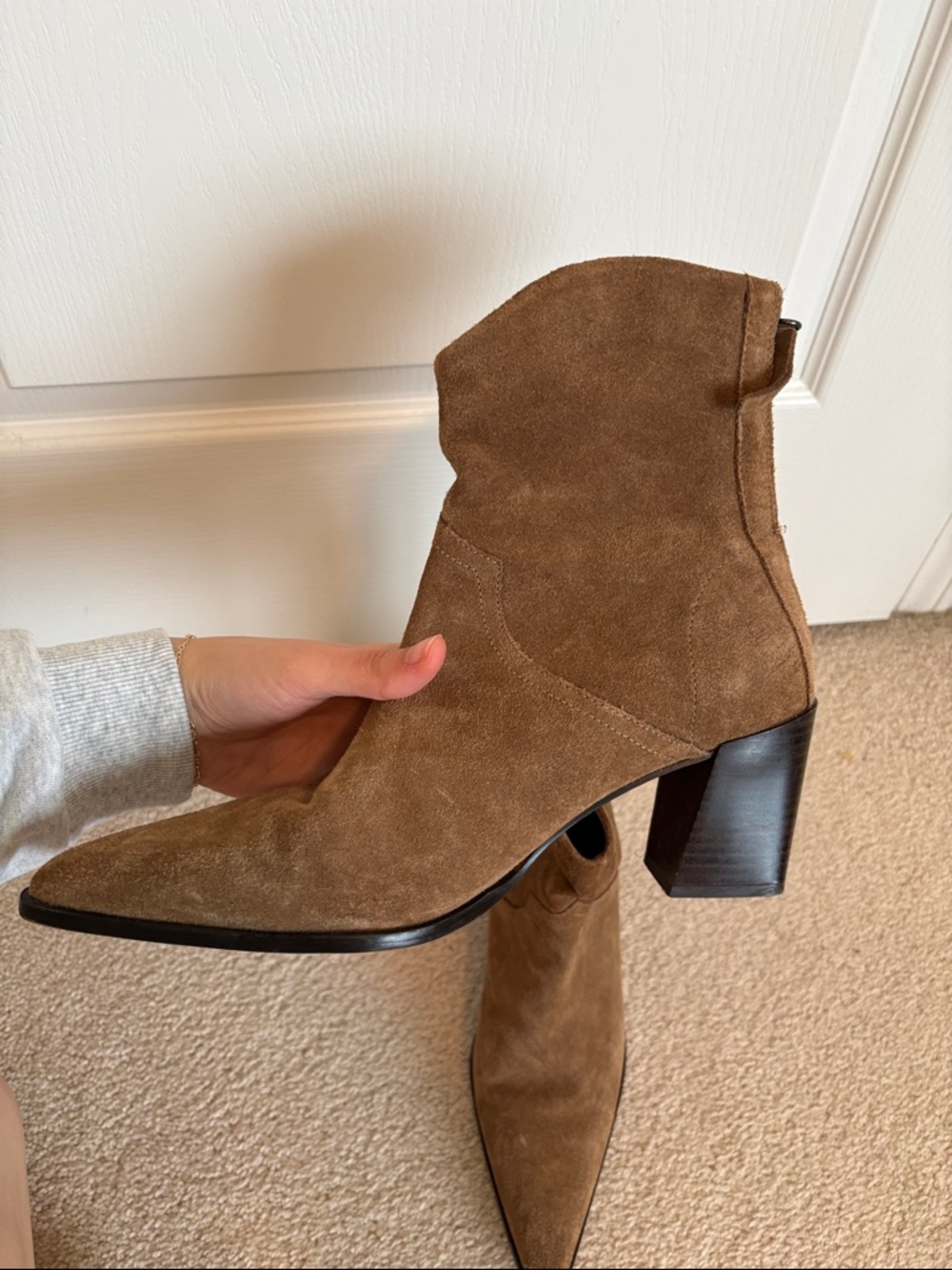 ZARA Cowboy Split Suede Leather Ankle Boots Almond Tan Brown - Picture 6 of 11